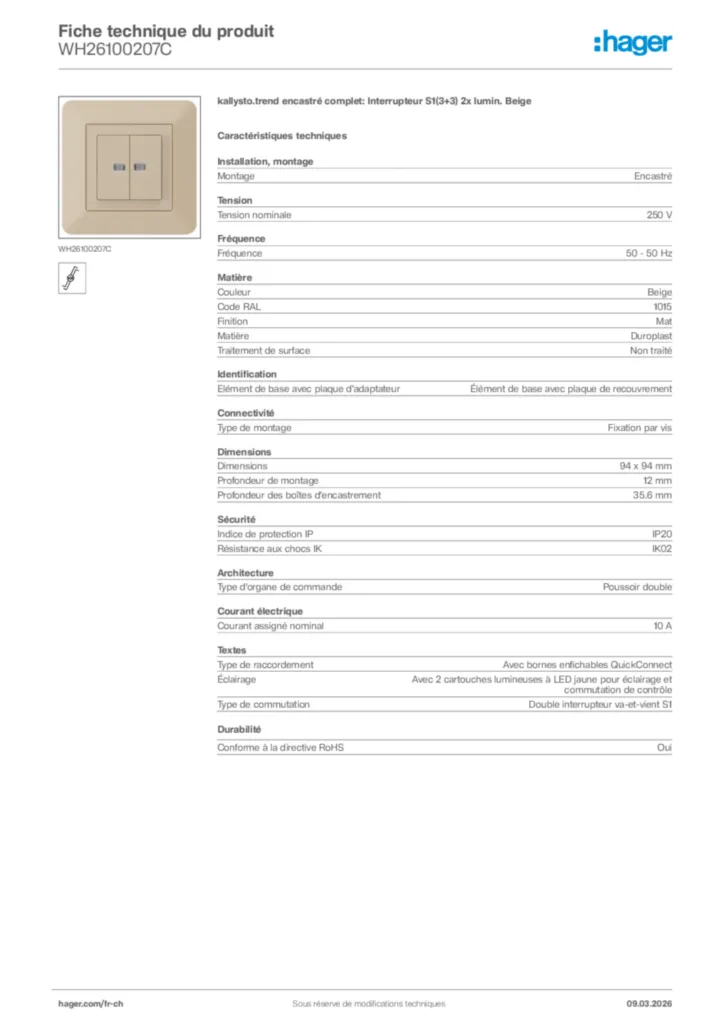 Image Hager Fiche technique du produit WH26100207C | Hager Suisse