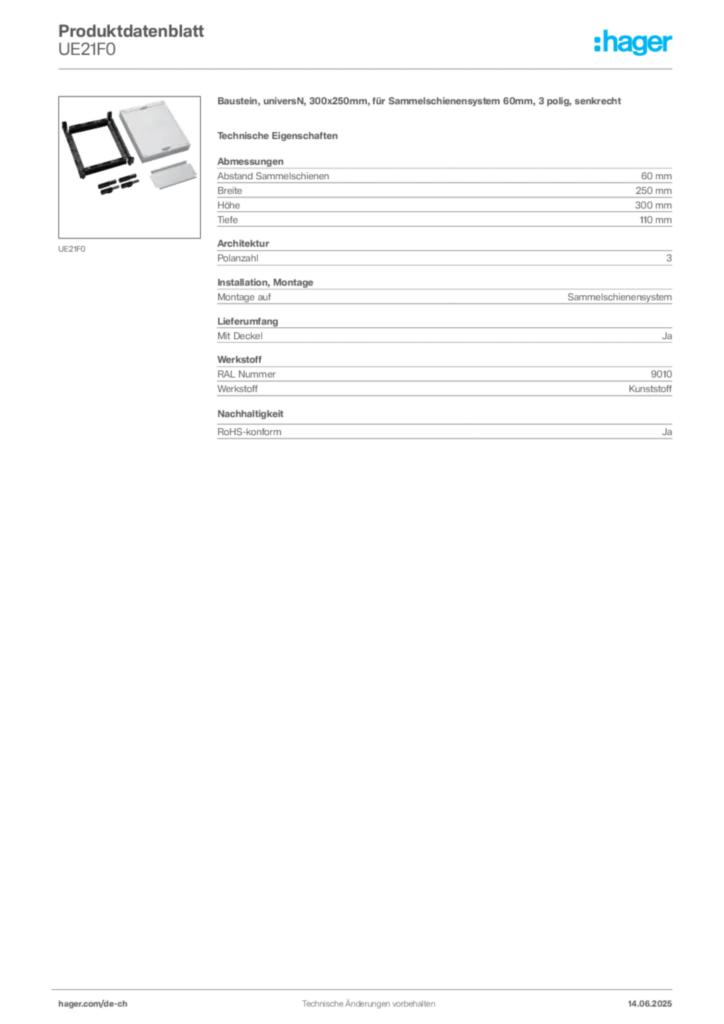 Bild Hager Produktdatenblatt UE21F0 | Hager Schweiz