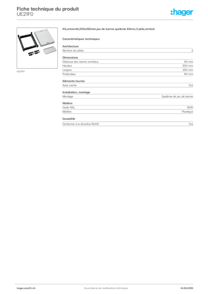 Image Hager Fiche technique du produit UE21F0 | Hager Suisse