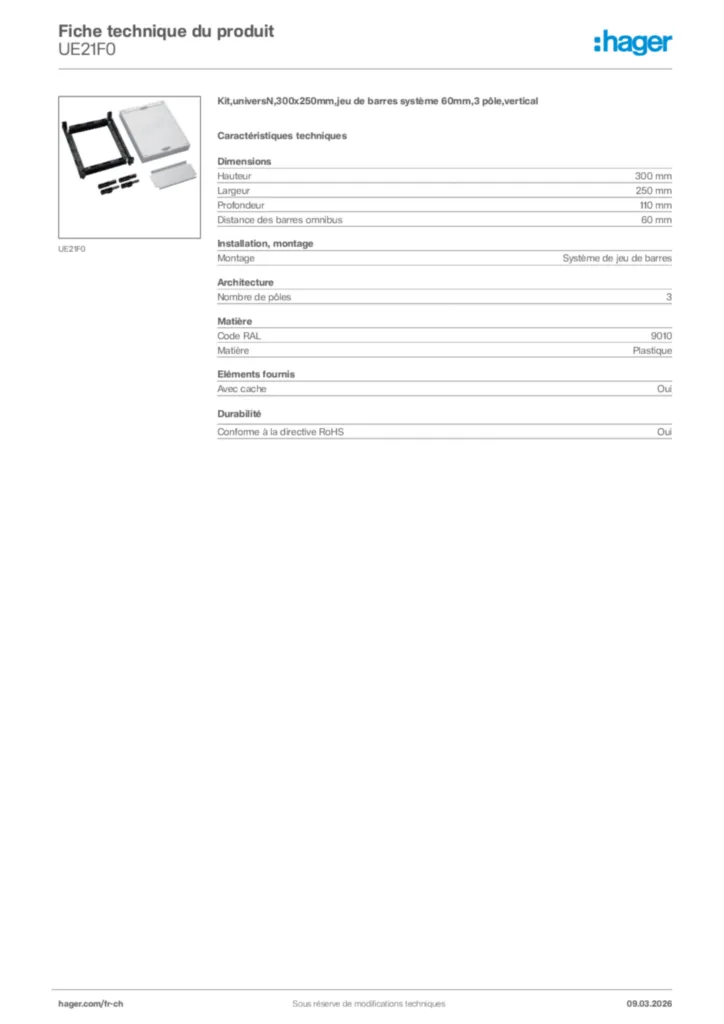 Image Hager Fiche technique du produit UE21F0 | Hager Suisse