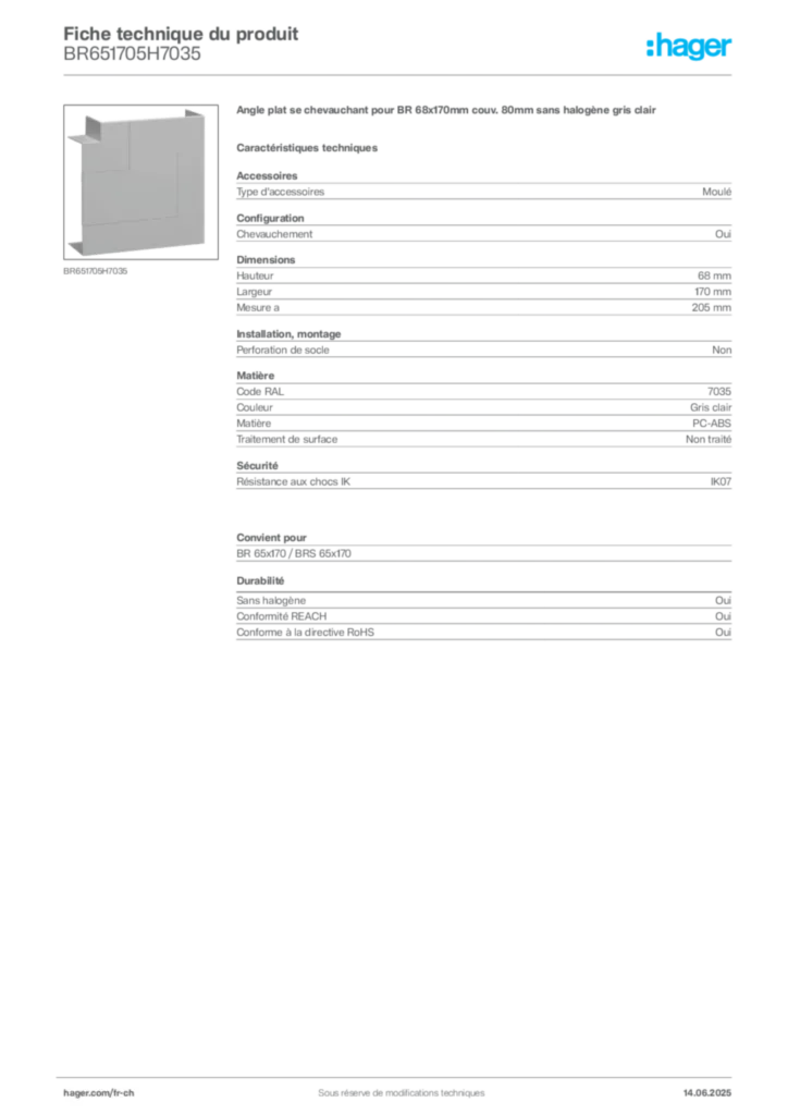 Image Hager Fiche technique du produit BR651705H7035 | Hager Suisse