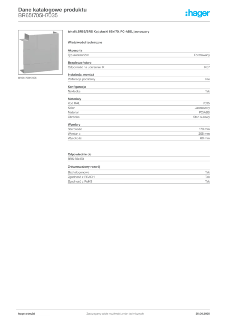 Zdjęcie Hager Karta katalogowa BR651705H7035 | Hager Polska