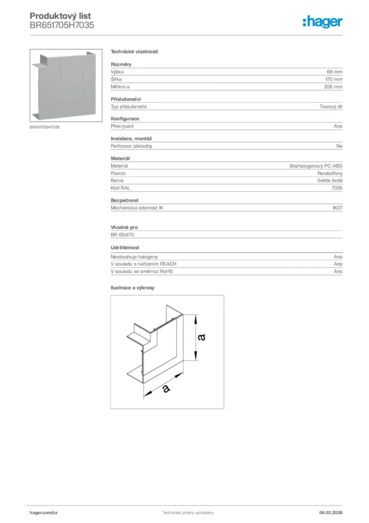 Obrázek Hager Product data sheet BR651705H7035 | Hager