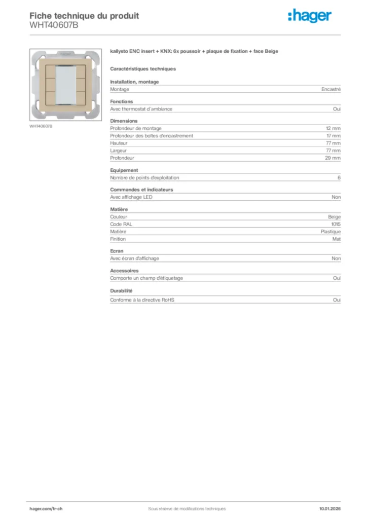 Image Hager Fiche technique du produit WHT40607B | Hager Suisse