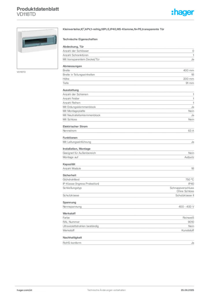 Bild Hager Produktdatenblatt VD118TD | Hager Deutschland