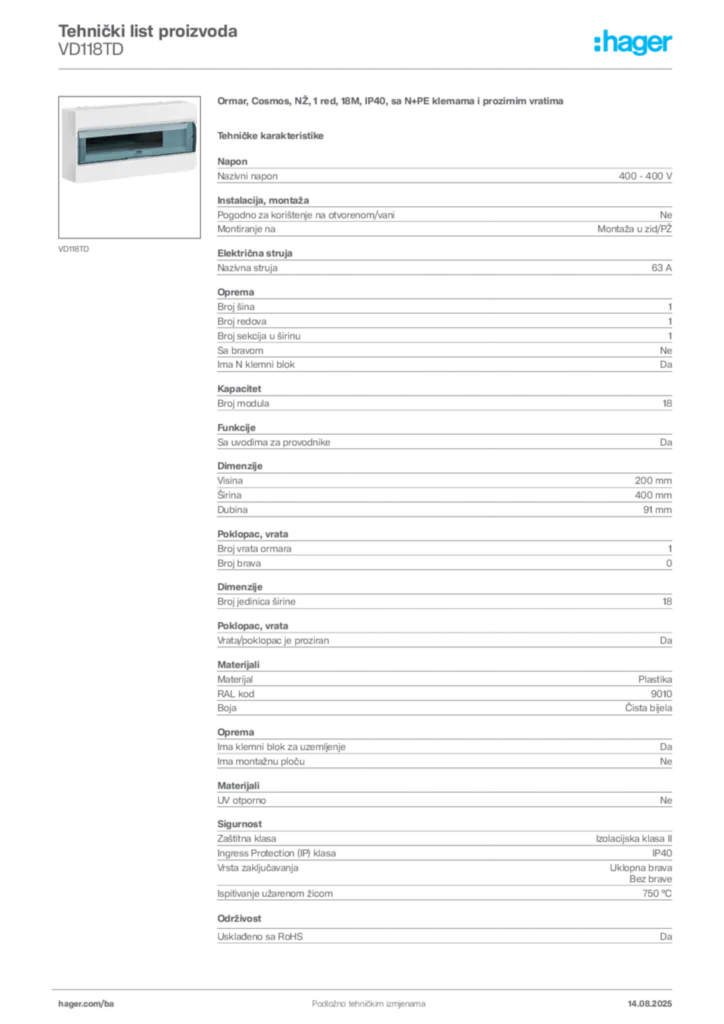 Slika Hager Product data sheet VD118TD  | Hager