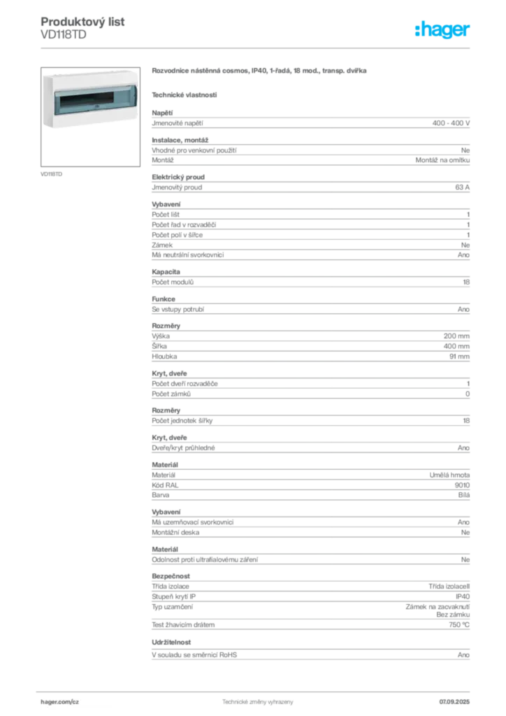 Obrázek Hager Produktový list VD118TD | Hager