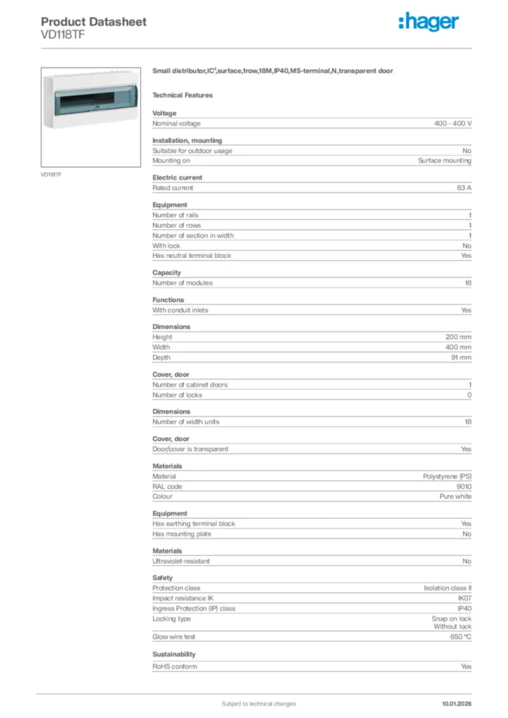 Image Hager Product data sheet VD118TF  | Hager Africa