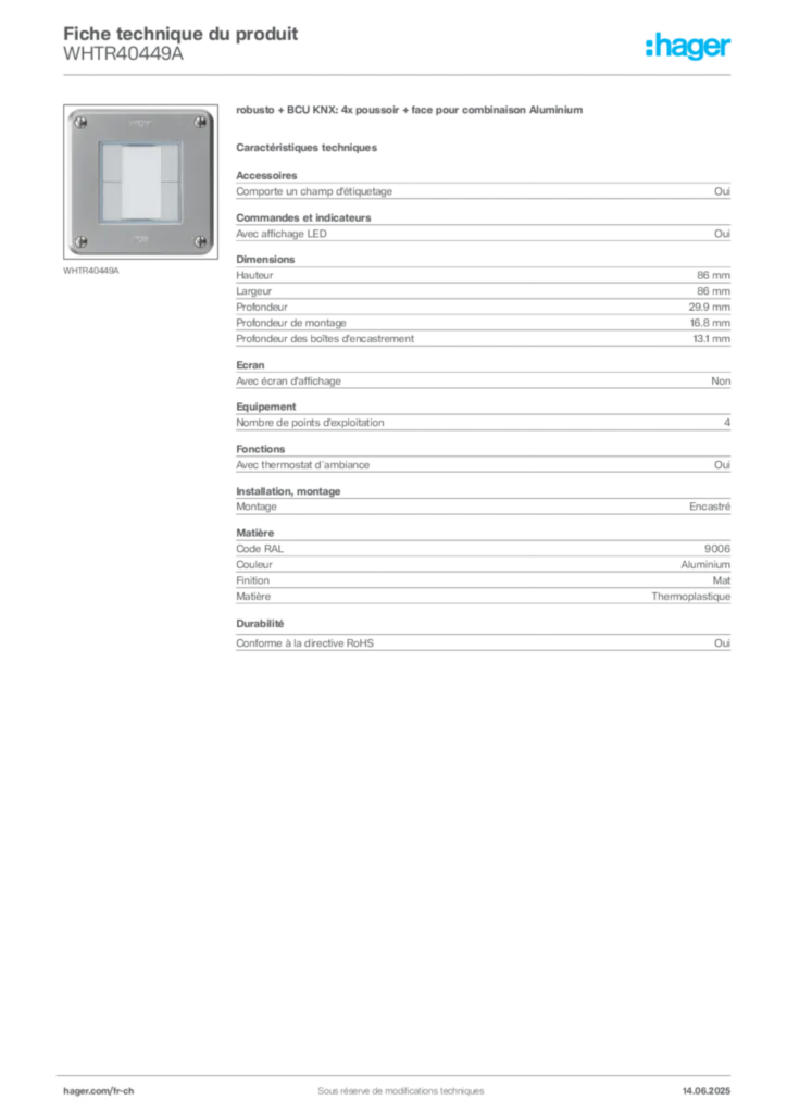 Image Hager Fiche technique du produit WHTR40449A | Hager Suisse