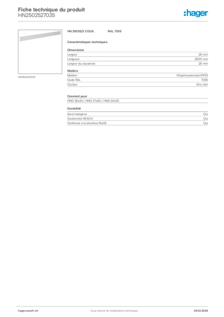 Image Hager Fiche technique du produit HN2502527035 | Hager Suisse