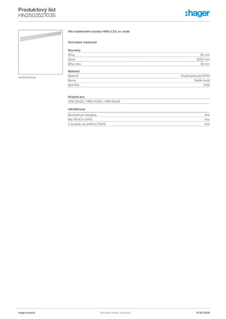 Obrázek Hager Product data sheet HN2502527035 | Hager