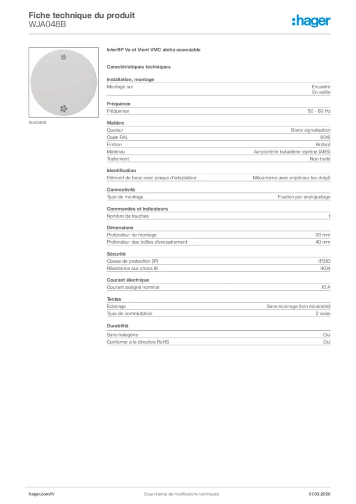 Image Hager Fiche technique du produit WJA048B | Hager France