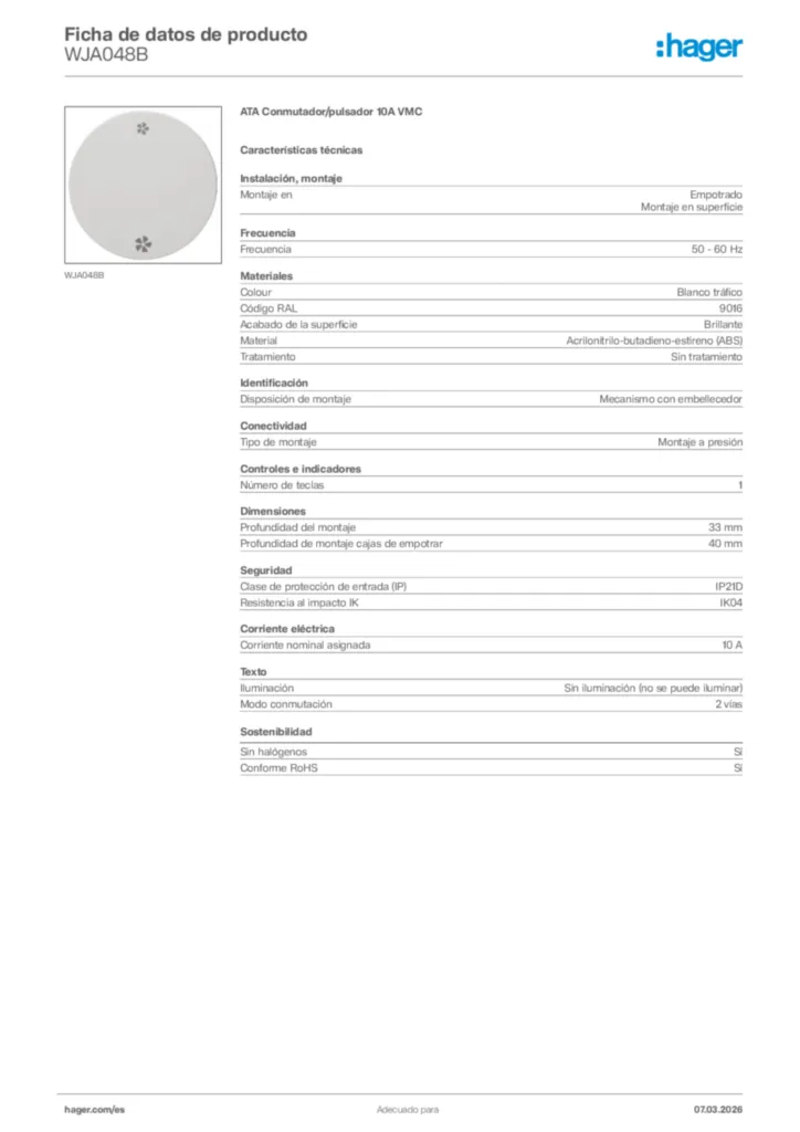 Imagen Hager Ficha de datos de producto WJA048B | Hager España