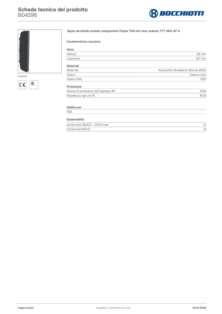 Immagine Bocchiotti Scheda tecnica del prodotto B04296 | Hager Italia
