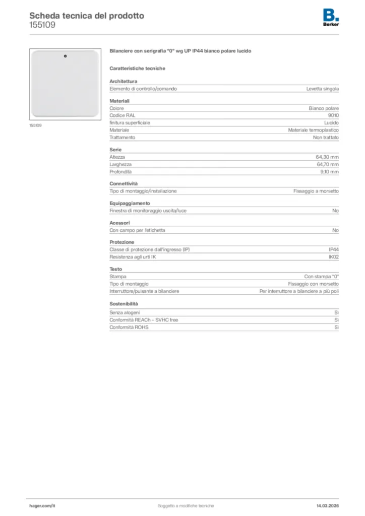 Immagine Berker Scheda tecnica del prodotto 155109 | Hager Italia