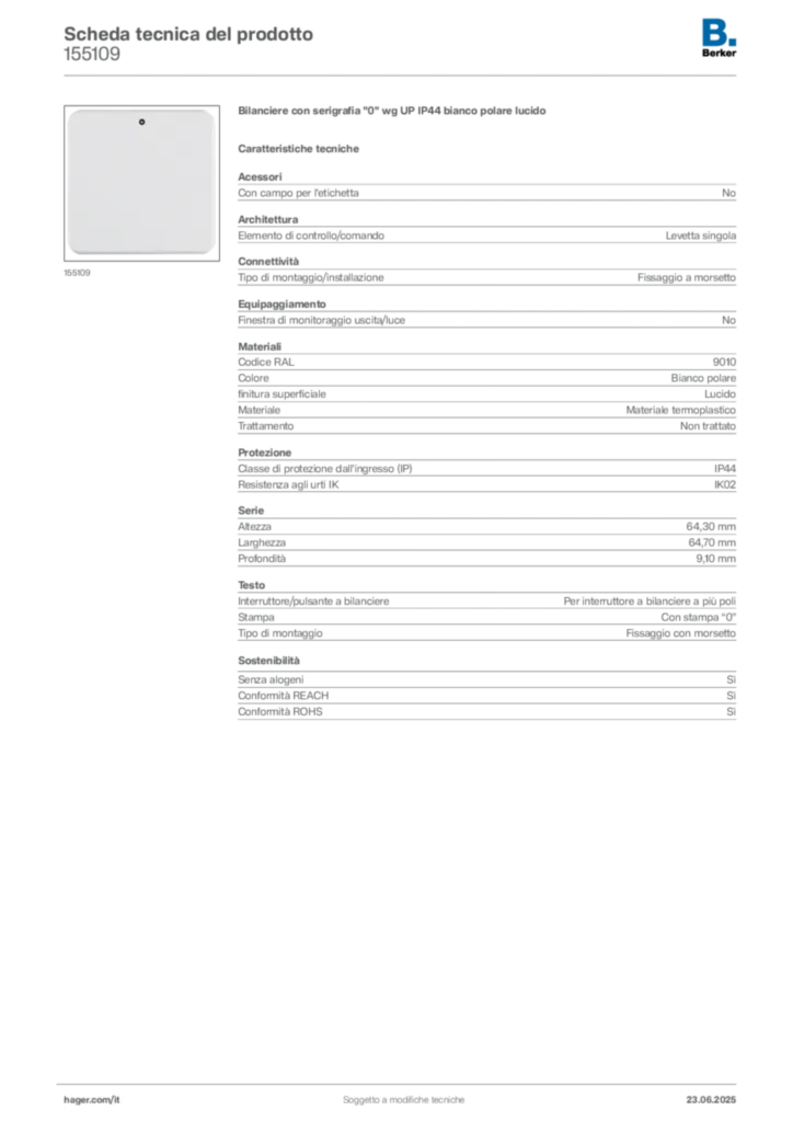 Immagine Berker Scheda tecnica del prodotto 155109 | Hager Italia