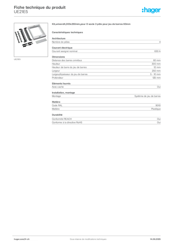 Image Hager Fiche technique du produit UE21E5 | Hager Suisse