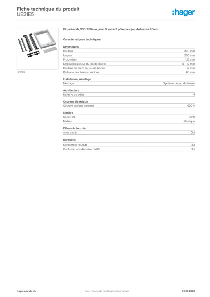 Image Hager Fiche technique du produit UE21E5 | Hager Suisse