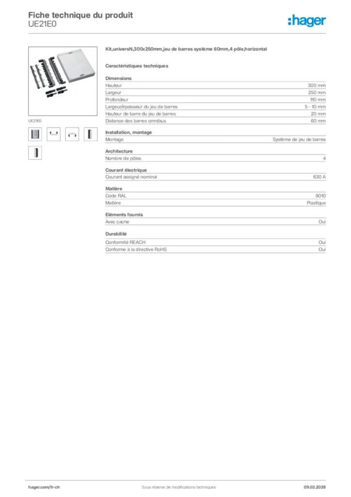 Image Hager Fiche technique du produit UE21E0 | Hager Suisse