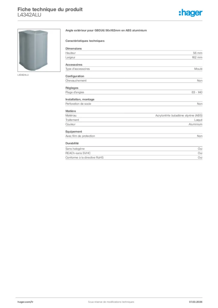 Image Hager Fiche technique du produit L4342ALU | Hager France
