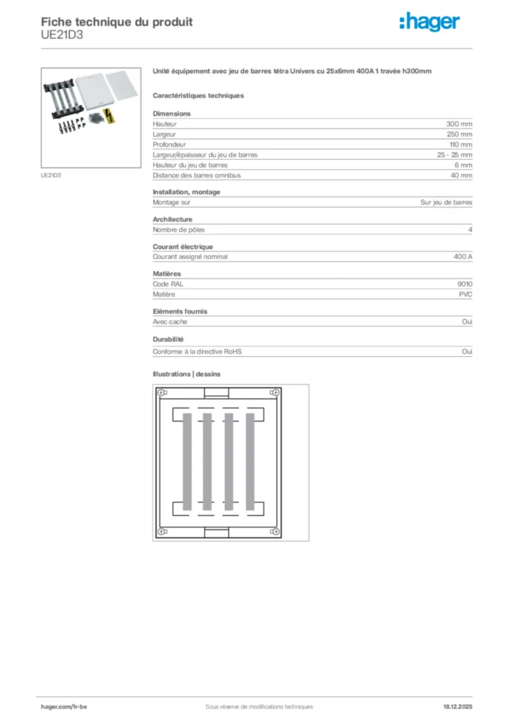 Image Hager Fiche technique du produit UE21D3 | Hager Belgique