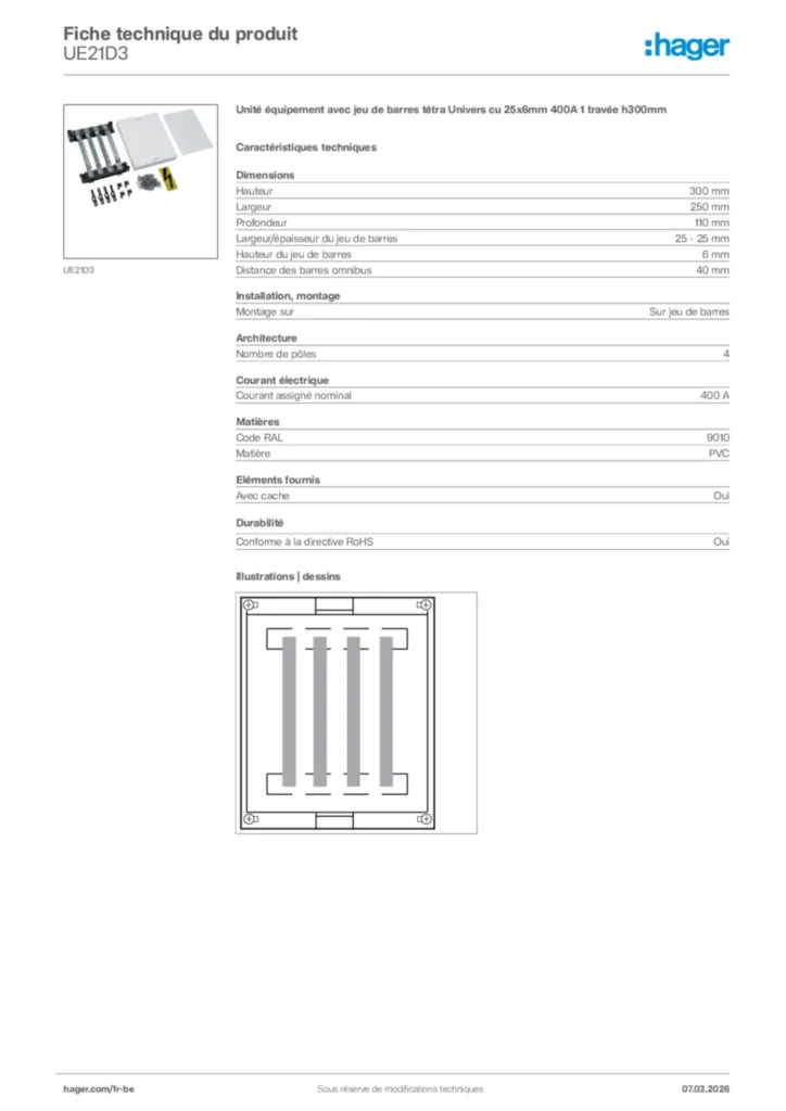 Image Hager Fiche technique du produit UE21D3 | Hager Belgique