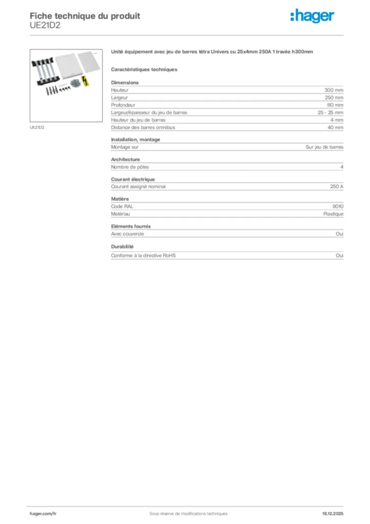Image Hager Fiche technique du produit UE21D2 | Hager France