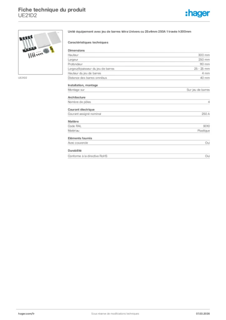 Image Hager Fiche technique du produit UE21D2 | Hager France
