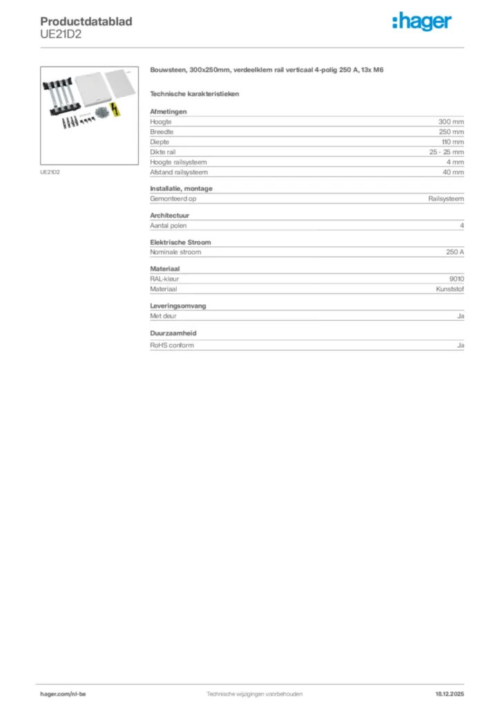 Afbeelding Hager Productdatablad UE21D2 | Hager Belgium