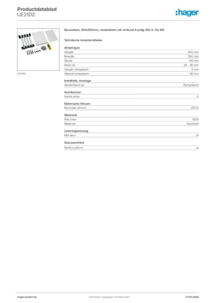 Afbeelding Hager Productdatablad UE21D2 | Hager Belgium