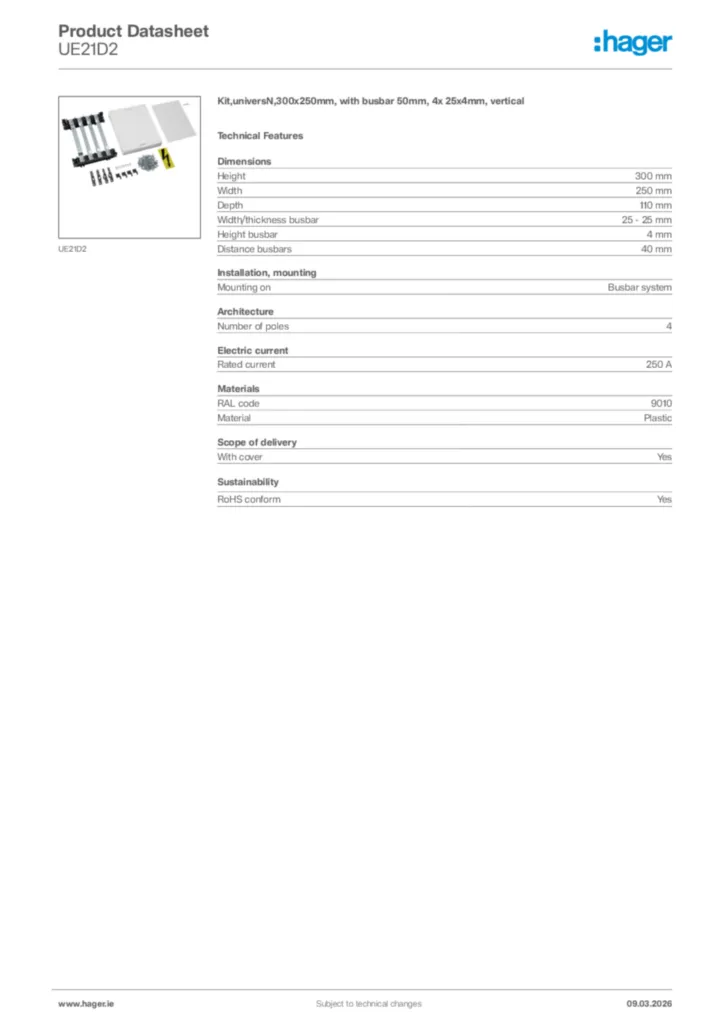 Image Hager Product data sheet UE21D2  | Hager