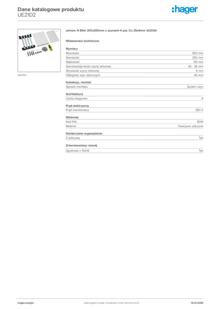 Zdjęcie Hager Karta katalogowa UE21D2 | Hager Polska