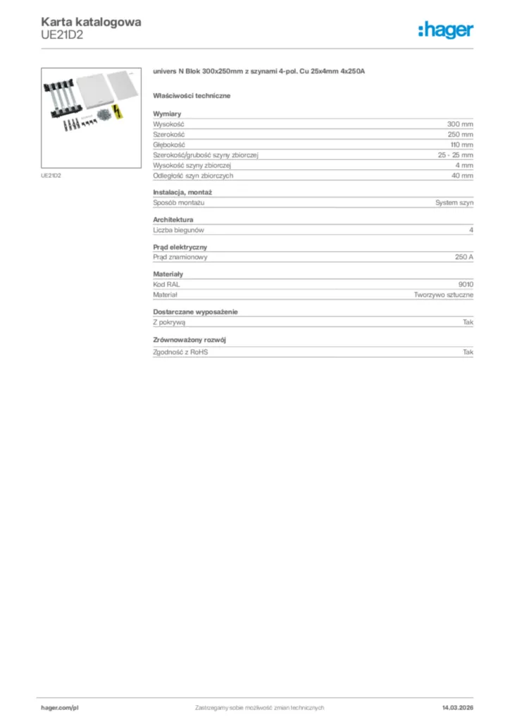 Zdjęcie Hager Karta katalogowa UE21D2 | Hager Polska