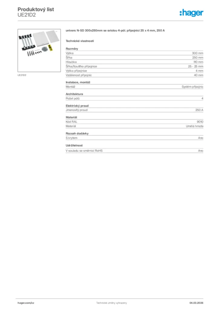 Obrázek Hager Product data sheet UE21D2 | Hager