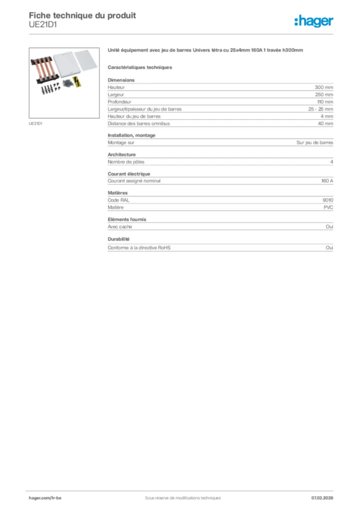 Image Hager Fiche technique du produit UE21D1 | Hager Belgique