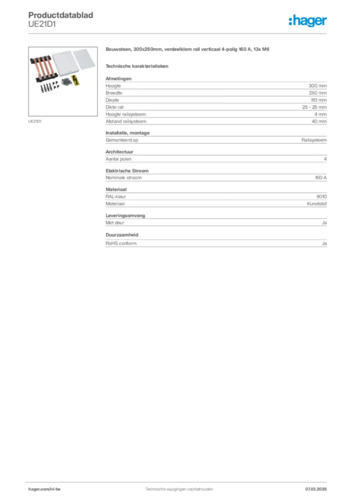Afbeelding Hager Productdatablad UE21D1 | Hager Belgium