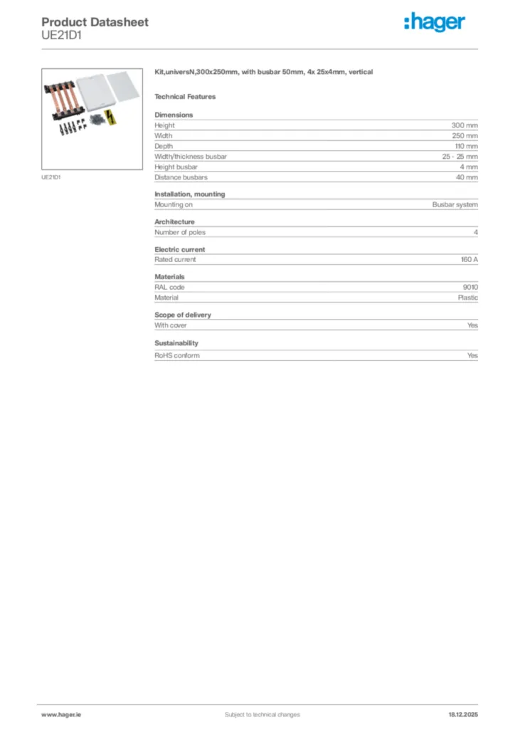 Image Hager Product data sheet UE21D1  | Hager