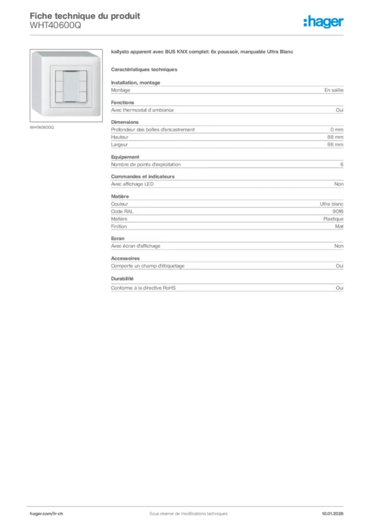 Image Hager Fiche technique du produit WHT40600Q | Hager Suisse