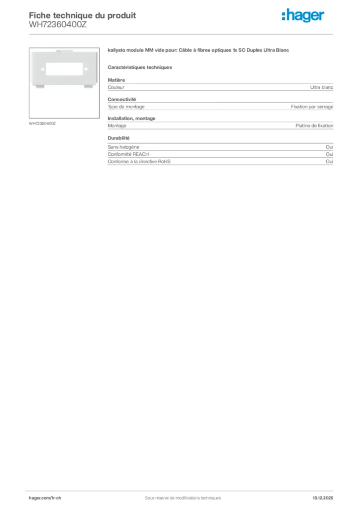 Image Hager Fiche technique du produit WH72360400Z | Hager Suisse