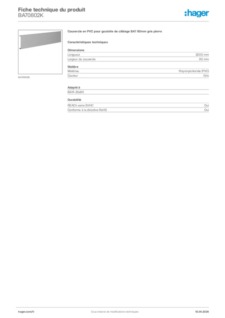Image Hager Fiche technique du produit BA70802K | Hager France