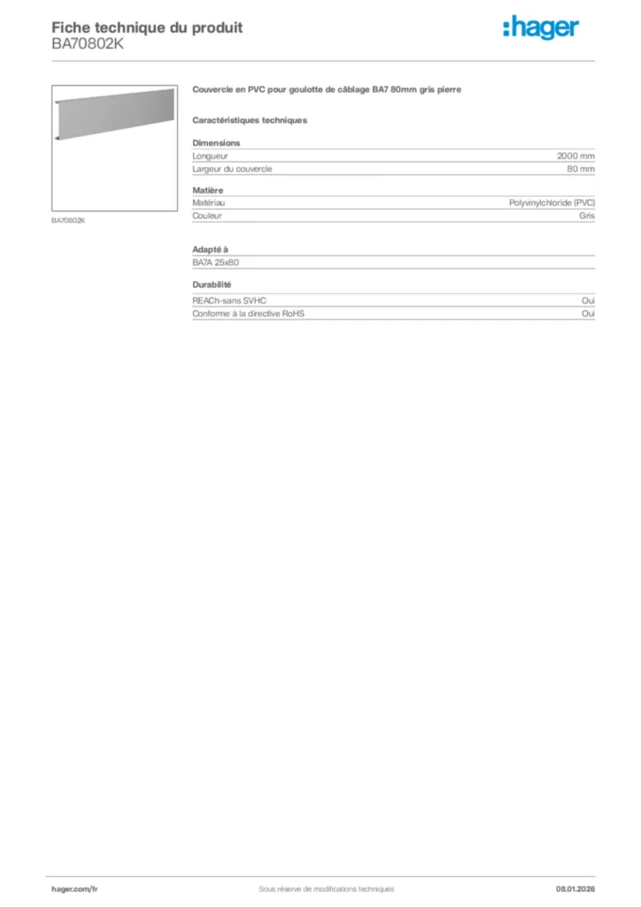 Image Hager Fiche technique du produit BA70802K | Hager France