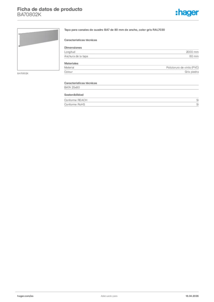 Imagen Hager Ficha de datos de producto BA70802K | Hager España
