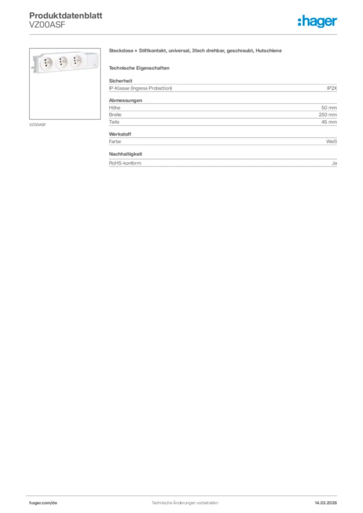 Bild Hager Produktdatenblatt VZ00ASF | Hager Deutschland