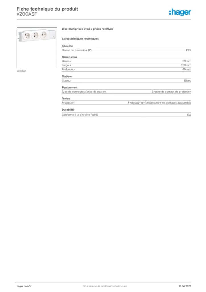 Image Hager Fiche technique du produit VZ00ASF | Hager France