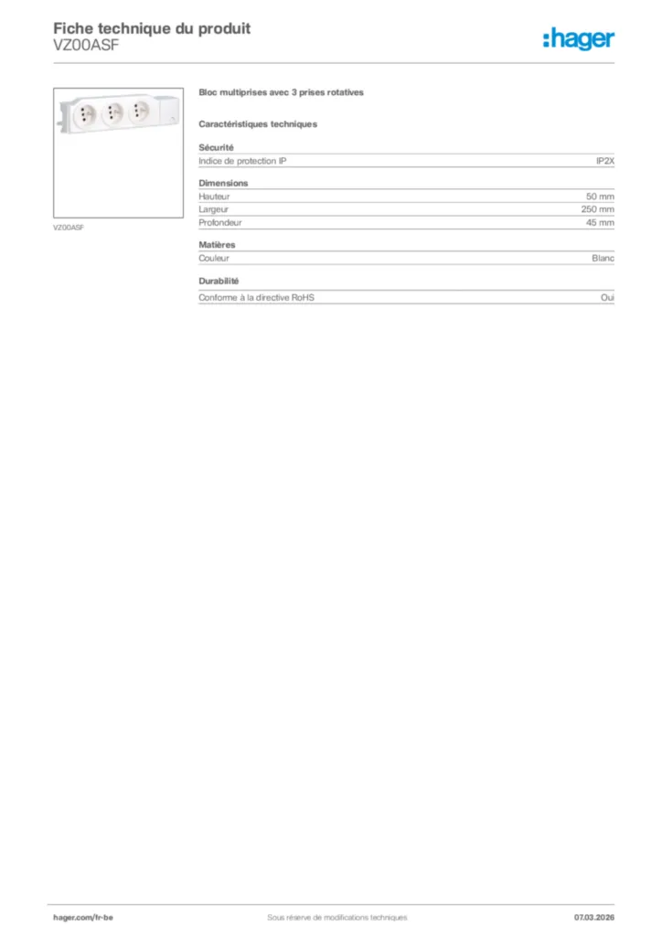 Image Hager Fiche technique du produit VZ00ASF | Hager Belgique