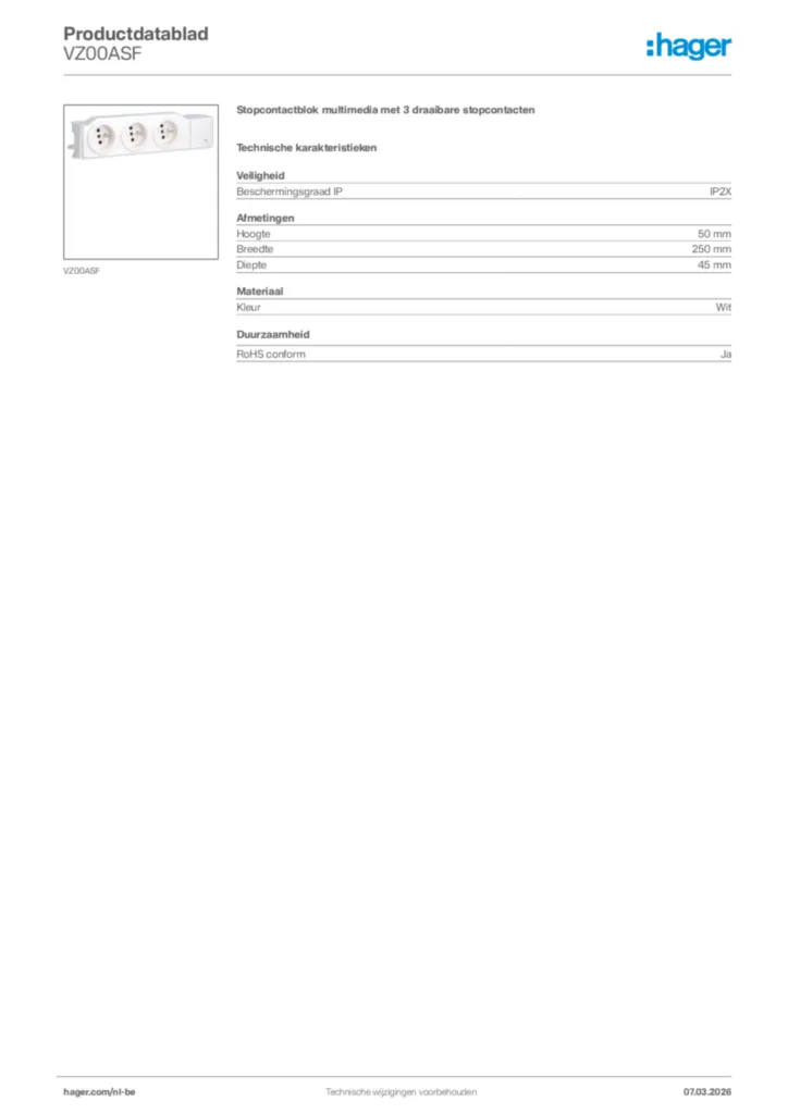 Afbeelding Hager Productdatablad VZ00ASF | Hager Belgium