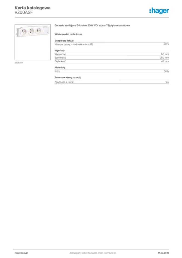 Zdjęcie Hager Karta katalogowa VZ00ASF | Hager Polska
