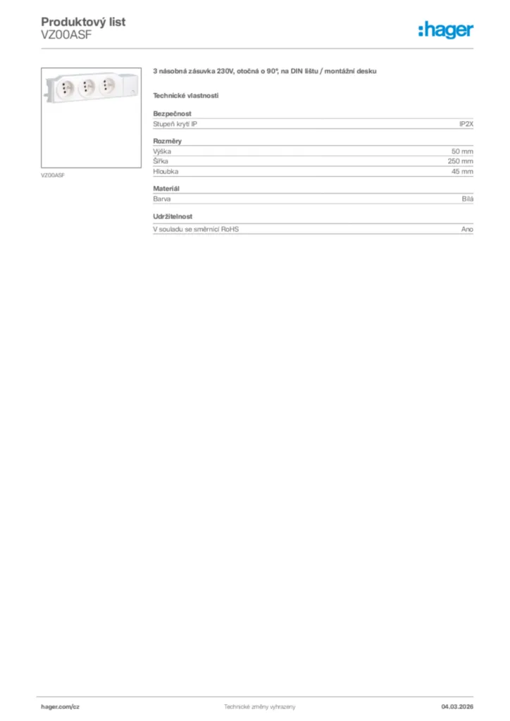 Obrázek Hager Product data sheet VZ00ASF | Hager