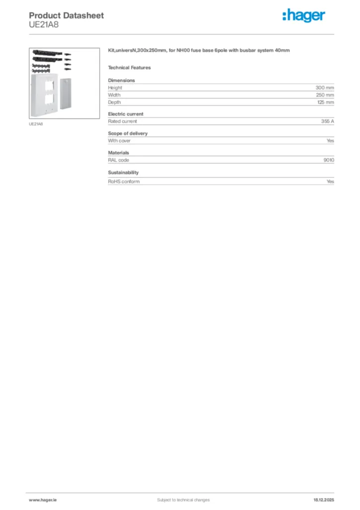 Image Hager Product data sheet UE21A8  | Hager