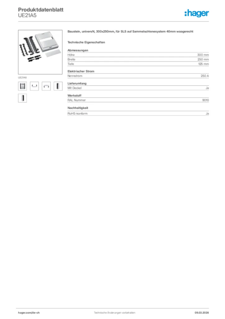 Bild Hager Produktdatenblatt UE21A5 | Hager Schweiz